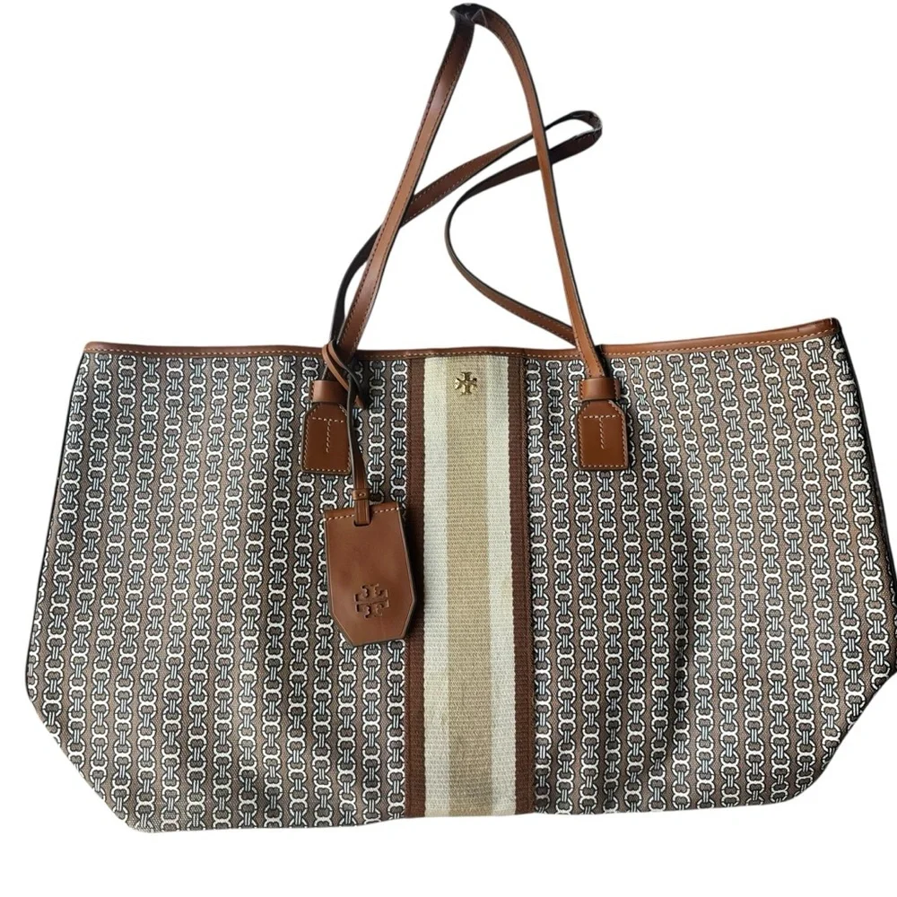 Tory Burch Light Umber Gemini Link Canvas Small Tote